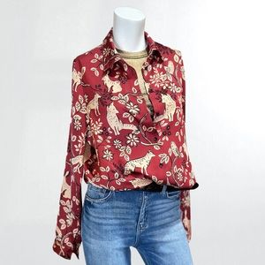 Classic Foxy Brown Long Sleeve Button-Front Satin Blouse